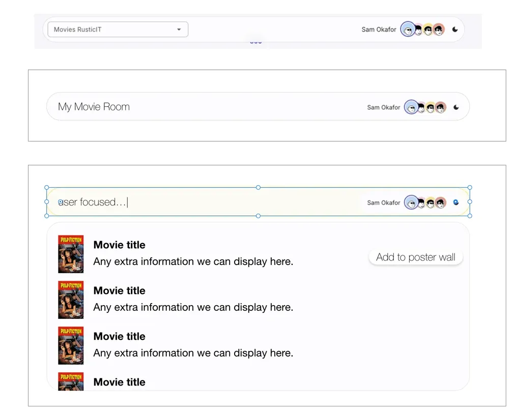 My hand-drawn mockups for the header: search as an input on focus, and the results list